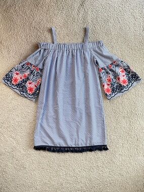 Jessica Howard Pinstripe Embroidered Floral Sleeves Shift Mini Dress Size 10P